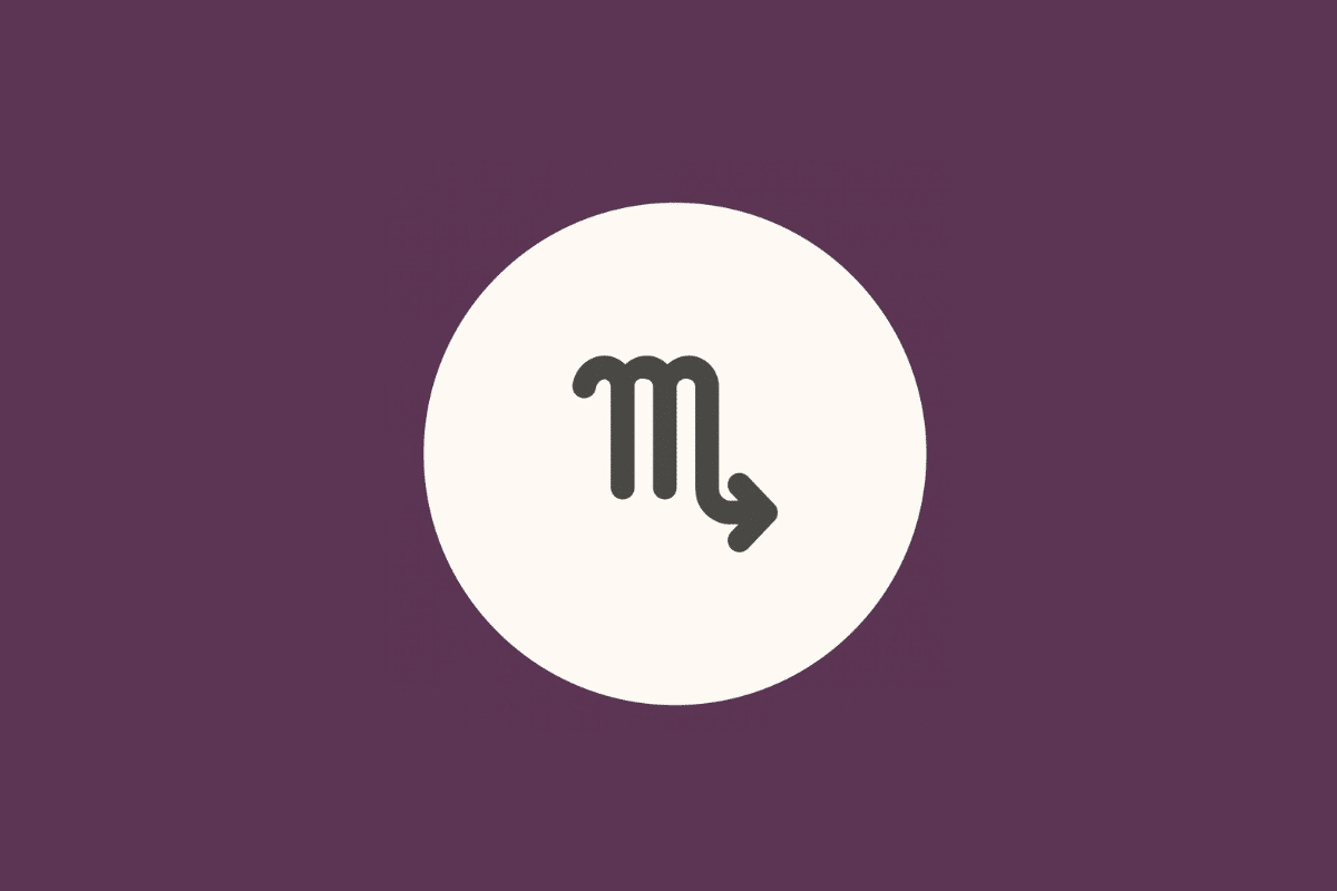 Ilustração minimalista do símbolo do signo de Escorpião em tom cinza-escuro, centralizado dentro de um círculo branco sobre fundo roxo-fechado