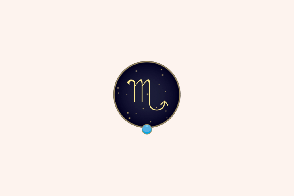 Ilustração do símbolo dourado do signo de Escorpião em destaque central sobre um fundo circular azul-marinho estrelado, com uma pequena gema azul na parte inferior e fundo geral bege-claro
