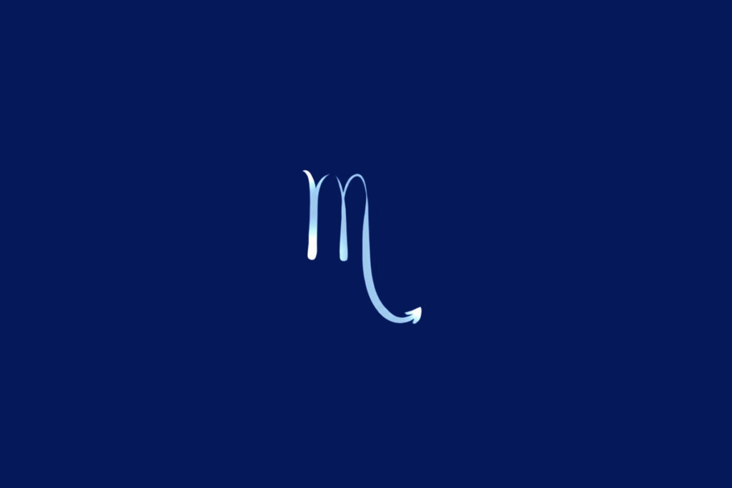 Símbolo do signo de Escorpião em tom azul-claro, centralizado sobre um fundo azul-marinho.