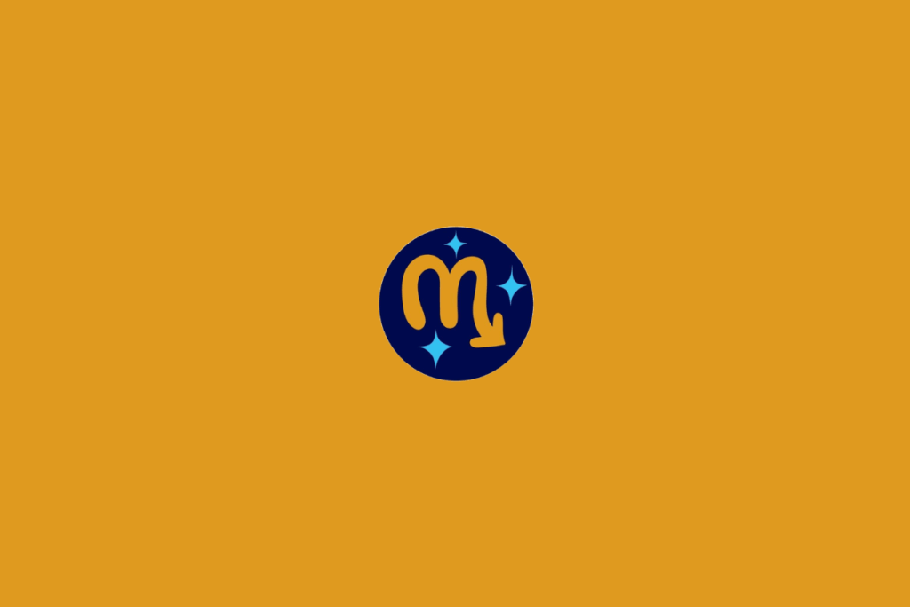 Ilustração estilizada do símbolo de Escorpião em amarelo-dourado, com traços alongados e uma curva final que lembra uma cauda. A representação está dentro de um círculo azul-marinho, acompanhada por pequenas estrelas azul-claro. O fundo é laranja.