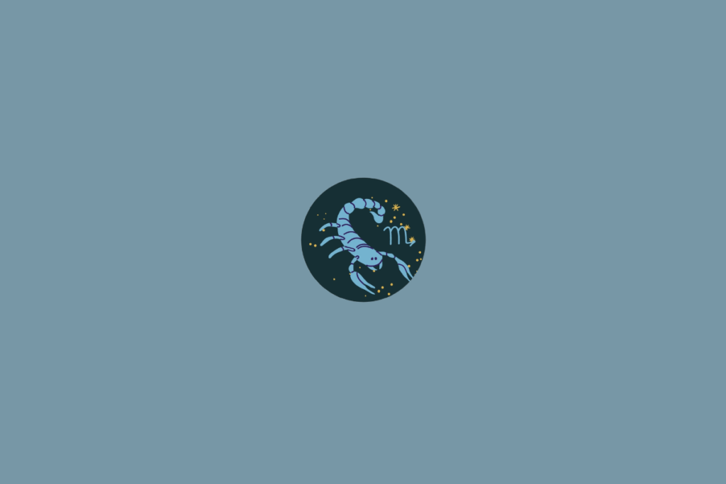 Ilustração circular de um escorpião estilizado em tons de azul e roxo, com o símbolo de Escorpião ao lado e pequenas estrelas amarelas ao redor.