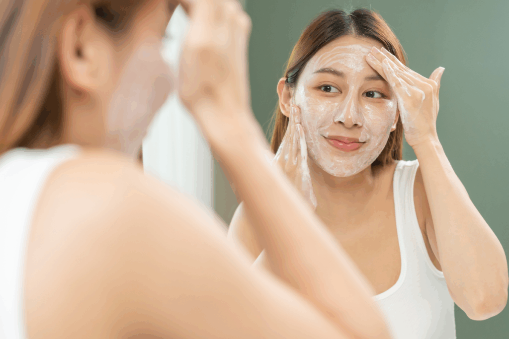 Mulher asiática, com cabelos longos e castanhos, usando uma regata branca, realiza a esfoliação do rosto diante de um espelho. Ao fundo, há uma parede verde