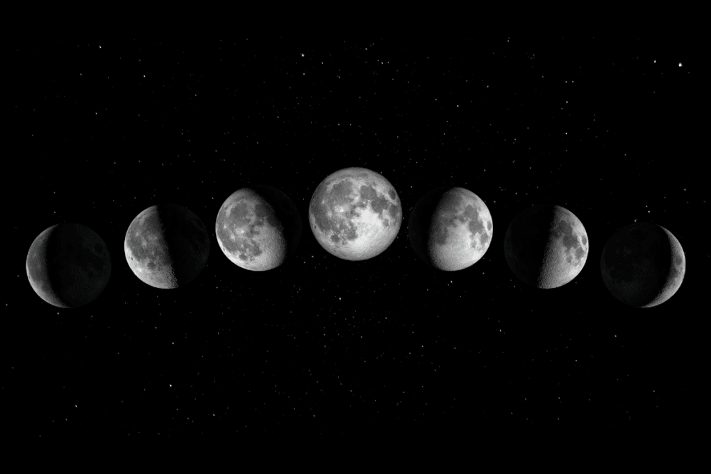 A imagem apresenta uma sequência de diferentes fases da Lua alinhadas horizontalmente contra um céu noturno repleto de estrelas. As representações mostram desde o crescente fino até fases mais iluminadas, incluindo a Lua cheia, destacando as mudanças na porção da superfície lunar visível da Terra.
