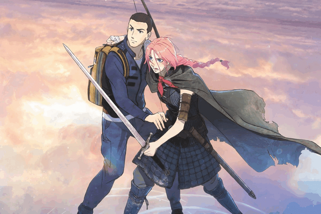 Ilustração em estilo de animação com dois personagens em uma cena de aventura. Um homem aparece atrás de uma mulher de cabelos cor-de-rosa, enquanto os dois seguram espadas. Eles usam roupas de combate e estão diante de um céu iluminado em tons de rosa, azul e amarelo.