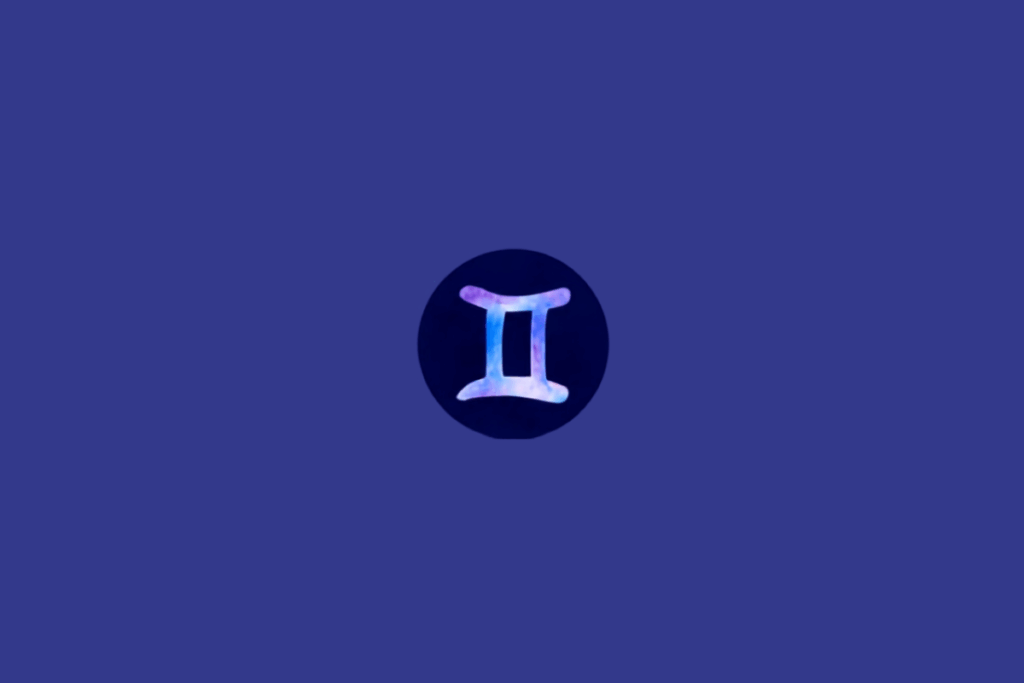Símbolo do signo de Gêmeos em tons de roxo e azul em círculo azul escuro, em fundo azul.