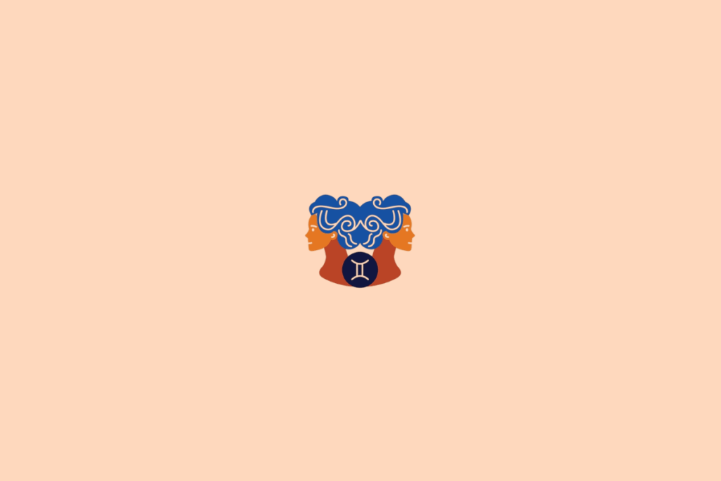 Ilustração de duas figuras humanas lado a lado, representando o signo de Gêmeos, em tons de azul e laranja sobre fundo pêssego.