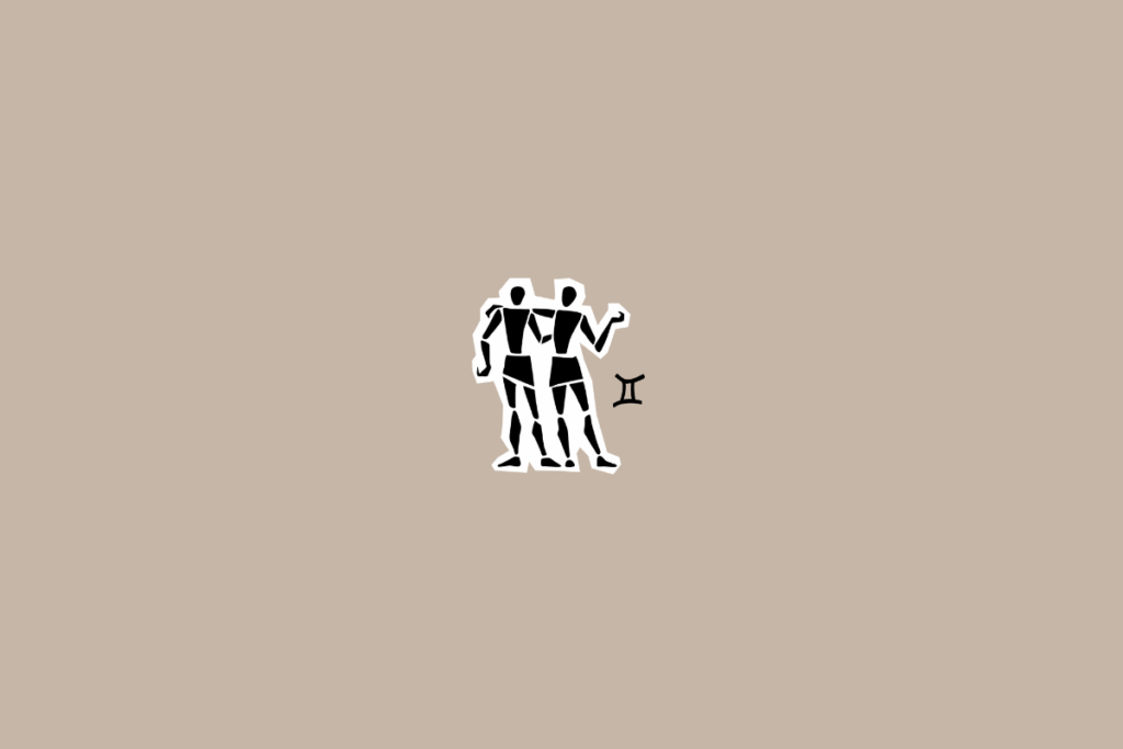 Ilustração de duas figuras humanas lado a lado, representando o signo de Gêmeos, sobre fundo bege