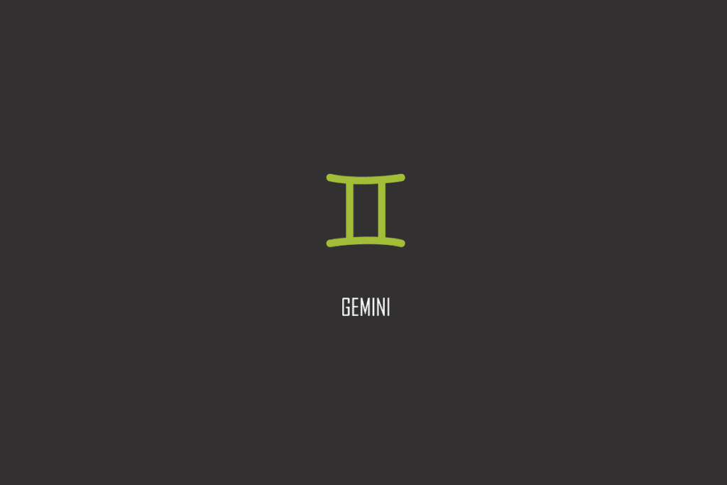 Símbolo verde de Gêmeos com o nome GEMINI escrito abaixo, sobre fundo cinza escuro