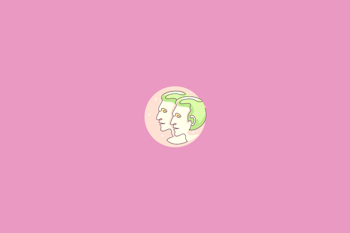 Ilustração minimalista do signo de Gêmeos, representado pelo símbolo formado por duas linhas verticais unidas por traços horizontais em tom creme. A figura aparece sobre um círculo em tom magenta, com pequenos pontos decorativos e fundo amarelo-claro.