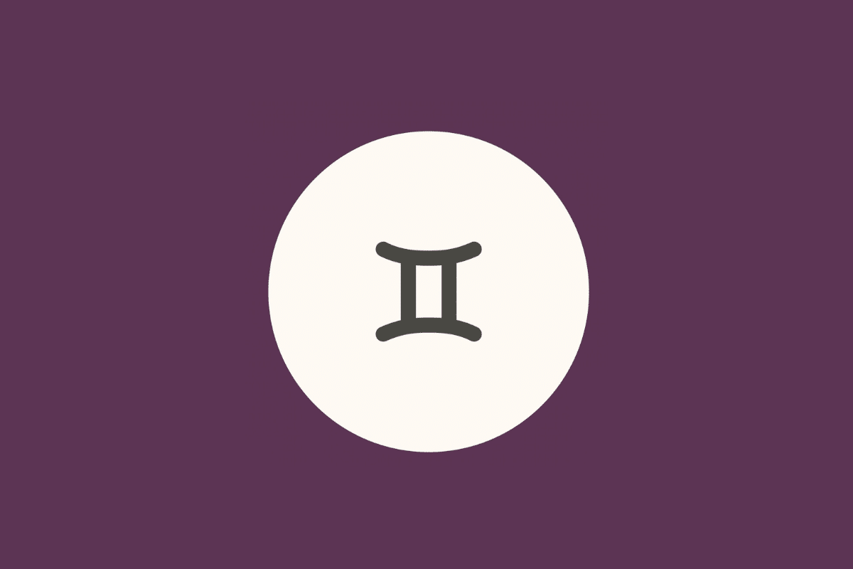 Ilustração minimalista do símbolo do signo de Gêmeos em tom cinza-escuro, centralizado dentro de um círculo branco sobre fundo roxo-fechado