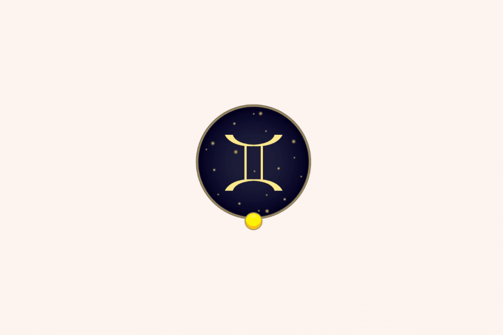 Ilustração do símbolo dourado do signo de Gêmeos em destaque central sobre um fundo circular azul-marinho estrelado, com uma pequena gema amarela na parte inferior e fundo geral bege-claro