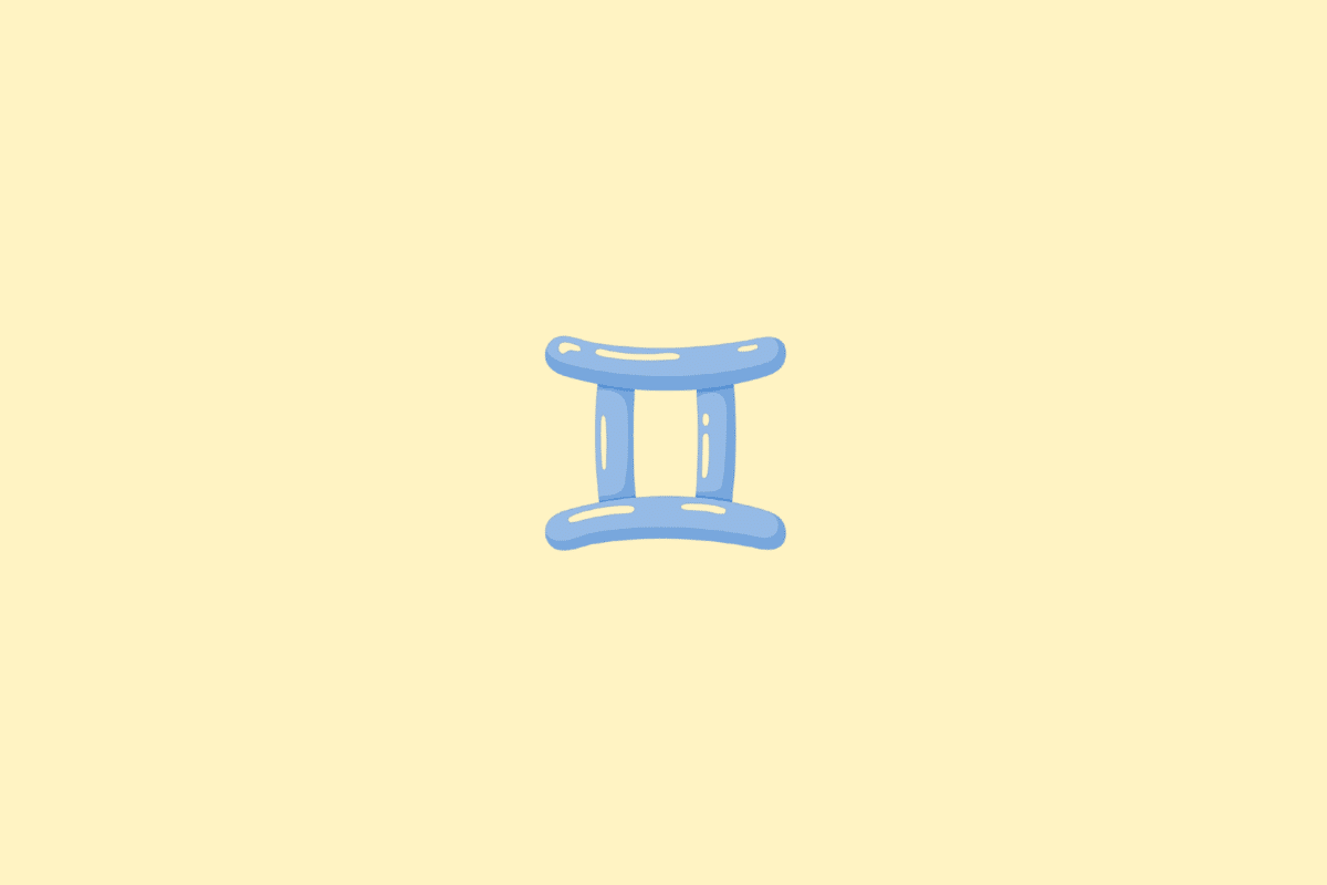 Ilustração do símbolo do signo de Gêmeos, formado por duas linhas verticais unidas por traços horizontais na parte superior e inferior, em tom azul-claro, sobre um fundo amarelo-claro.