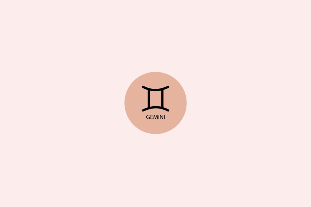 Imagem com fundo rosa-claro. No centro, há um círculo pêssego contendo o símbolo de Gêmeos, formado por duas linhas verticais unidas por linhas curvas na parte superior e inferior. Abaixo do símbolo, está escrito “GEMINI”.