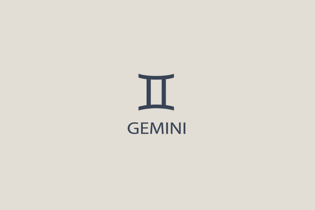 Símbolo minimalista do signo de Gêmeos em tom cinza-escuro sobre fundo bege claro, com a palavra "GEMINI" escrita abaixo em letras maiúsculas