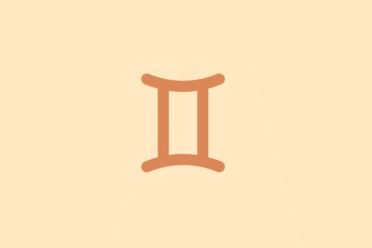 Símbolo minimalista do signo de Gêmeos em tom terracota sobre fundo laranja