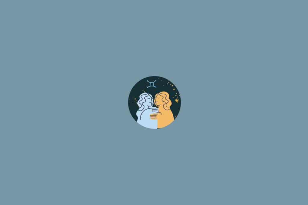 Ilustração circular com duas figuras humanas de cabelos cacheados, uma em azul e outra em amarelo, representando os gêmeos. O símbolo de Gêmeos aparece acima.