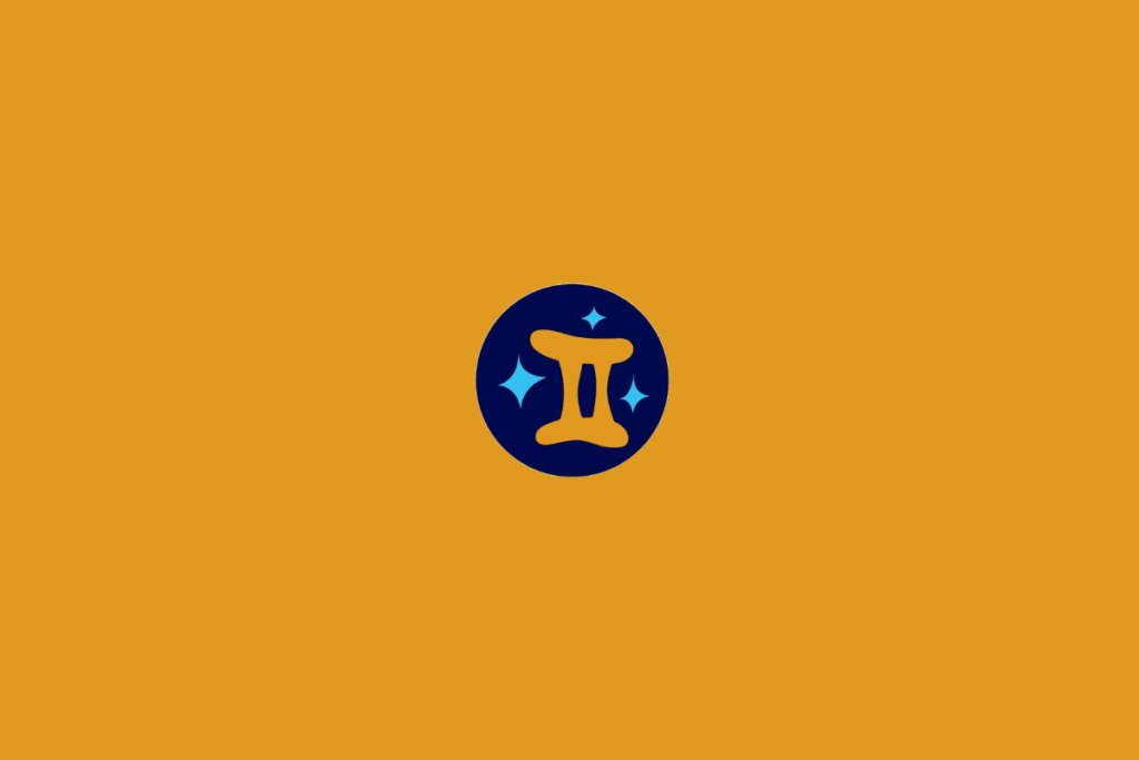 Ilustração estilizada do símbolo de Gêmeos em amarelo-dourado, representado por duas linhas verticais unidas por traços horizontais na parte superior e inferior. O desenho aparece dentro de um círculo azul-marinho, com pequenas estrelas azul-claro. O fundo é laranja.