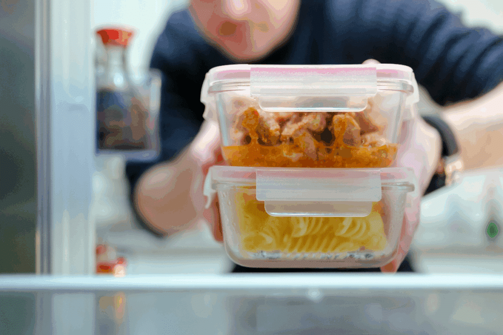 Um homem colocando dois recipientes de vidro com tampa dentro da geladeira. O recipiente superior contém uma preparação de frango com molho, enquanto o recipiente inferior contém macarrão. A pessoa veste uma camiseta preta e aparece parcialmente desfocada ao fundo. No lado esquerdo da geladeira há uma garrafa de bebida e outros alimentos armazenados.