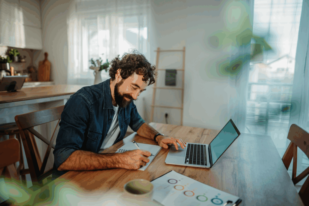 Homem com cabelo curto, barba, usando camiseta branca e camisa jeans fazendo anotações em caderno e assistindo aula no notebook