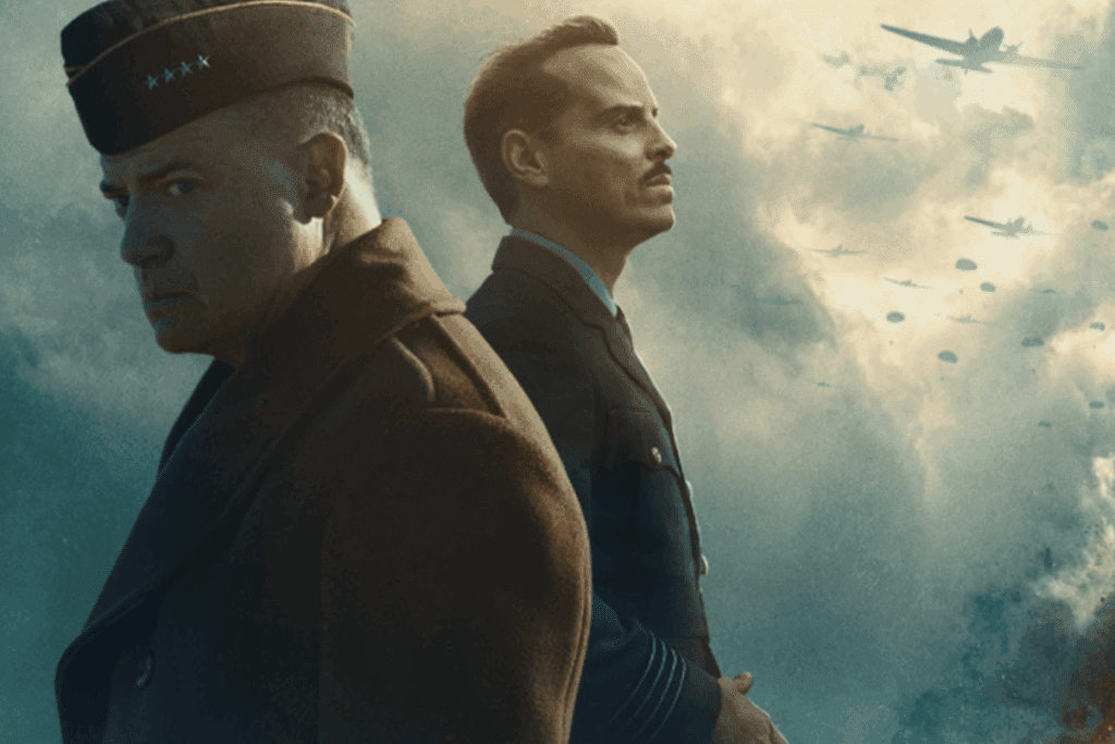 Dois homens de uniforme militar posicionados de costas um para o outro em primeiro plano, um deles de quepe com quatro estrelas e o outro de bigode, sob um céu nublado em que se veem aviões ao longe.