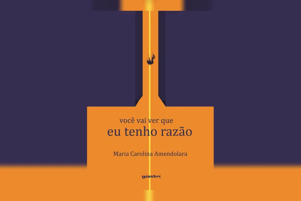 Capa do livro "Você vai ver que eu tenho razão", de Maria Carolina Amendolara: ilustração geométrica em laranja e roxo na qual uma pequena figura escura despenca por uma fresta cortada por uma linha amarela luminosa.