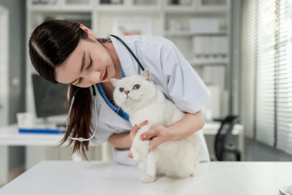 Uma médica veterinária de bata branca examinando a pata de um gato branco sobre a mesa de uma clínica