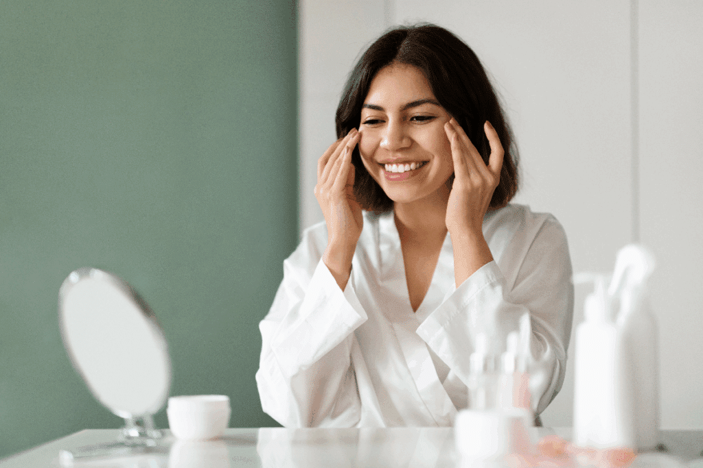 Mulher aplicando creme no rosto, com cabelos castanhos-escuros, curtos e soltos, na altura dos ombros. Ela veste uma blusa branca de mangas longas e decote em V, enquanto massageia suavemente o produto nas bochechas. A cena ocorre diante de um espelho, em um ambiente claro, com produtos de cuidados com a pele sobre a bancada.