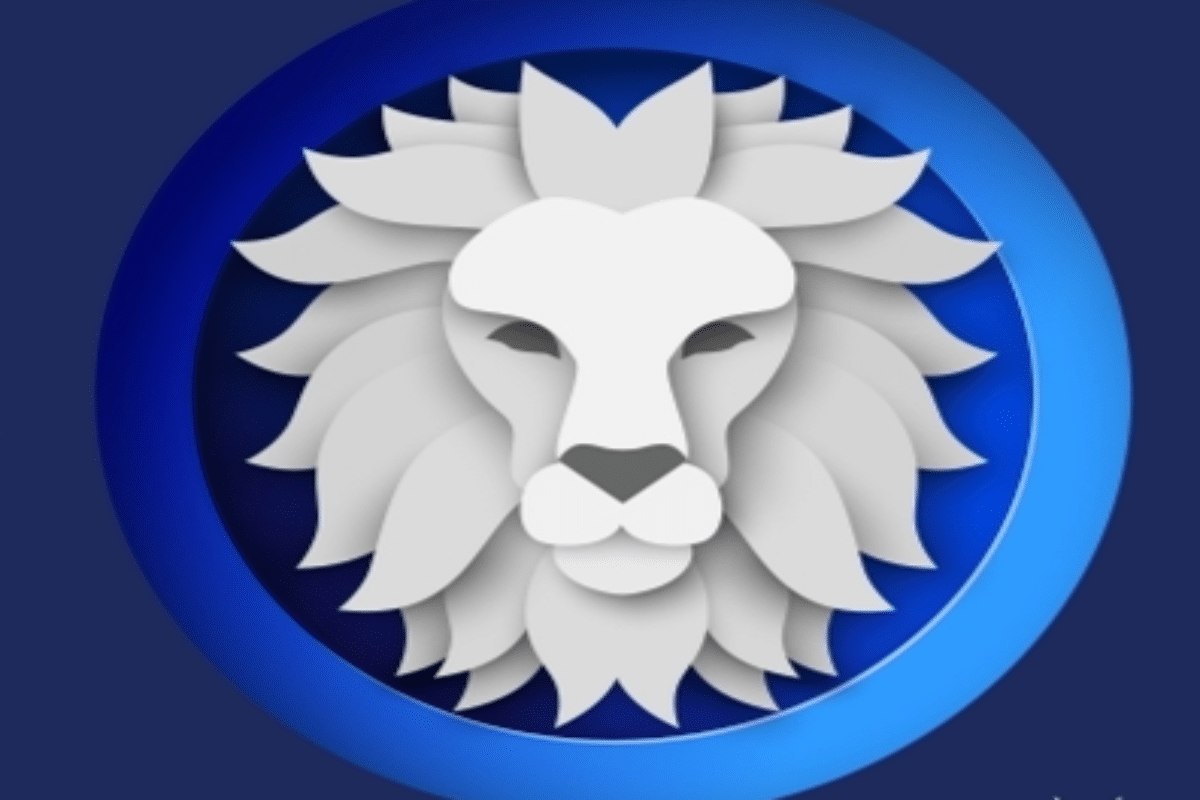 Ilustração do signo de Leão representado pela cabeça de um leão branco e cinza, com uma juba volumosa e estilizada, sobre um fundo circular azul.