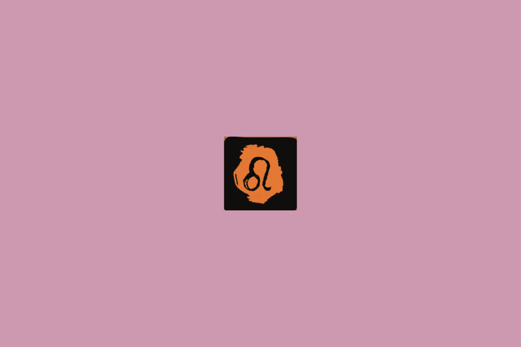 Imagem com fundo rosa-claro uniforme. No centro, há um pequeno quadrado preto com bordas levemente arredondadas. Dentro dele, aparece uma forma irregular em laranja. Sobre ela está desenhado, em preto, o símbolo de Leão, composto por uma linha curva que lembra a juba ou a cauda de um leão.
