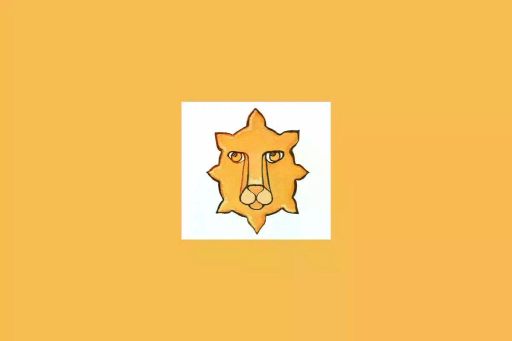 Uma ilustração simples de um leão estilizado, representando o signo de Leão, sobre um fundo claro cercado por um tom alaranjado 