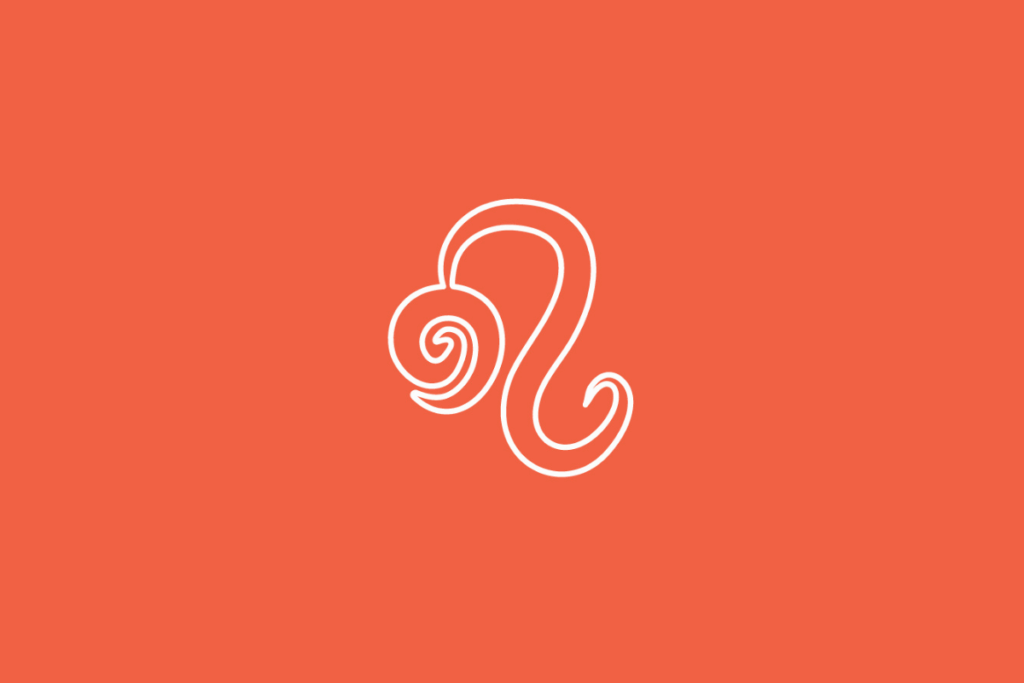 Símbolo do signo de Leão desenhado em linhas brancas com detalhe em espiral, centralizado sobre um fundo laranja