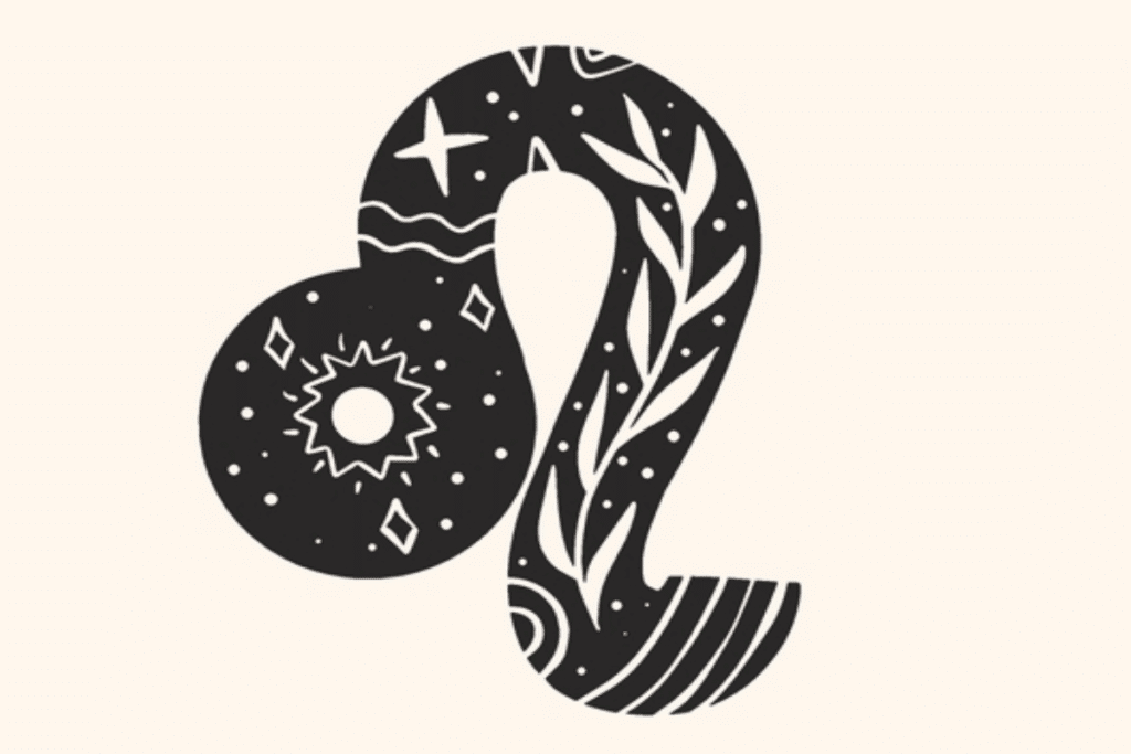 A imagem apresenta o símbolo do signo de leão em preto, centralizado sobre um fundo claro. O ícone é decorado com folhagens, pequenos pontos, formas solares e detalhes celestes, criando uma estética mística e delicada.