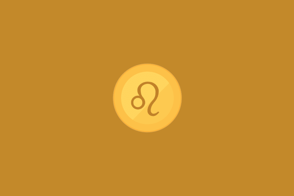 Ilustração minimalista do signo de Leão, com o símbolo astrológico em tom marrom-dourado no centro de um círculo amarelo, sobre fundo uniforme em tom mostarda.