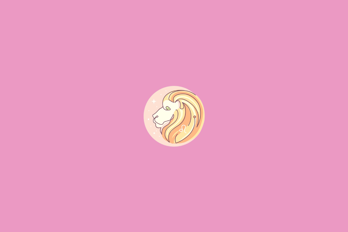 Ilustração minimalista do signo de Leão, representado pelo símbolo estilizado do signo em tom creme. O desenho está dentro de um círculo em degradê de azul e ciano, com pequenos pontos decorativos e fundo amarelo-claro.