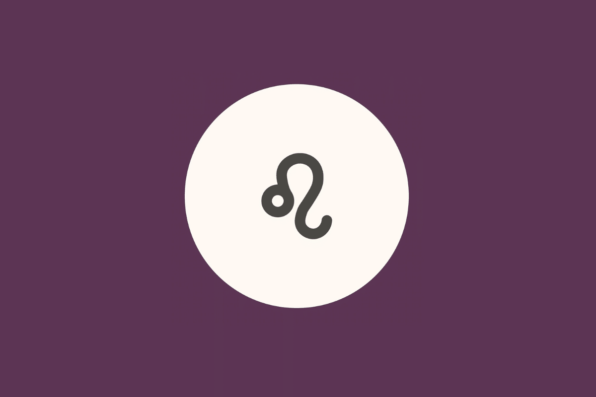 Ilustração minimalista do símbolo do signo de Leão em tom cinza-escuro, centralizado dentro de um círculo branco sobre fundo roxo-fechado