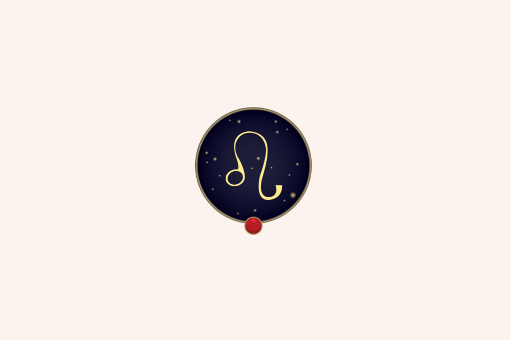 Ilustração do símbolo dourado do signo de Leão em destaque central sobre um fundo circular azul-marinho estrelado, com uma pequena gema vermelha na parte inferior e fundo geral bege-claro