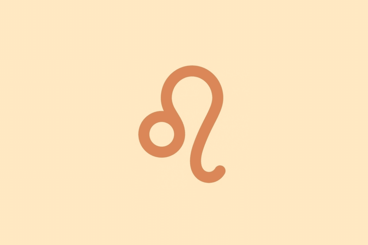 Símbolo minimalista do signo de Leão em tom terracota sobre fundo laranja