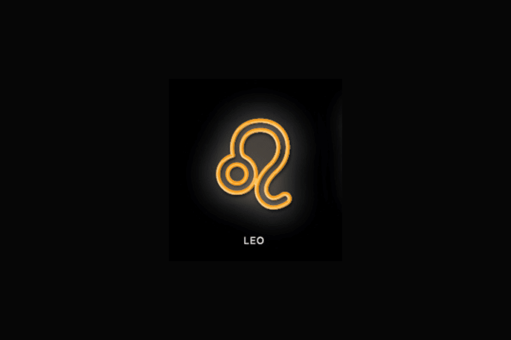 Sobre um fundo preto, o símbolo do signo de Leão é exibido em estilo néon laranja brilhante, acompanhado pela palavra "LEO" escrita em letras maiúsculas brancas na parte inferior
