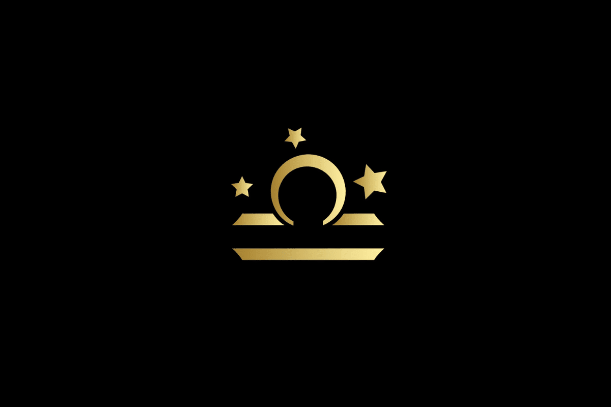 Ilustração minimalista do signo de libra em dourado, centralizado sobre um fundo preto. O símbolo é acompanhado por três estrelas douradas de diferentes tamanhos