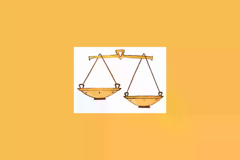 Uma ilustração simples de uma balança, representando o signo de Libra, sobre um fundo claro cercado por um tom alaranjado 