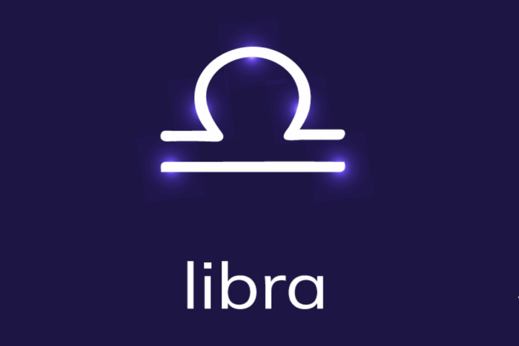Imagem com fundo roxo-escuro e o símbolo astrológico de Libra em branco. O desenho apresenta um arco central apoiado sobre um traço horizontal, acompanhado por outra linha horizontal logo abaixo. O símbolo possui pequenos efeitos de luz violeta, e a palavra “libra” aparece em branco na parte inferior.