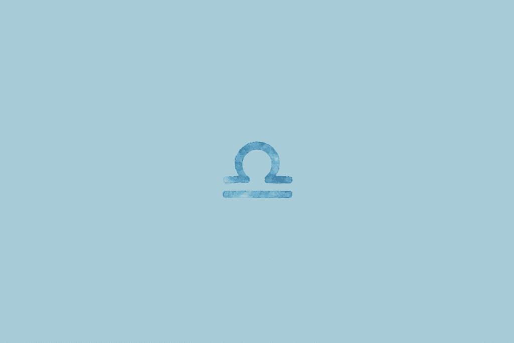 Fundo liso em azul-claro. No centro aparece o símbolo de Libra, formado por um arco sobre uma linha horizontal, em azul.