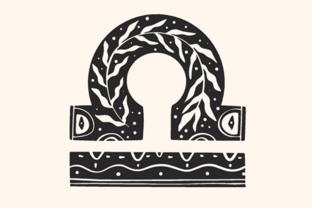 A imagem apresenta o símbolo do signo de libra em preto, centralizado sobre um fundo claro. O ícone é decorado com folhagens, pequenos pontos, formas solares e detalhes celestes, criando uma estética mística e delicada.