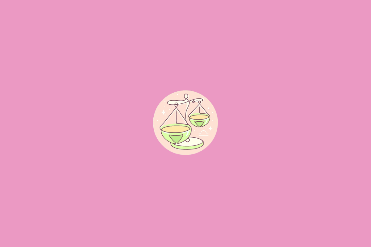 Ilustração minimalista do signo de Libra, representado pelo símbolo de uma balança estilizada em tom creme. A figura aparece dentro de um círculo em degradê de verde e amarelo, com pequenos pontos decorativos e fundo amarelo-claro.