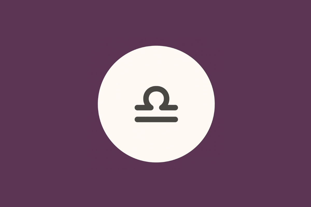 Ilustração minimalista do símbolo do signo de Libra em tom cinza-escuro, centralizado dentro de um círculo branco sobre fundo roxo-fechado
