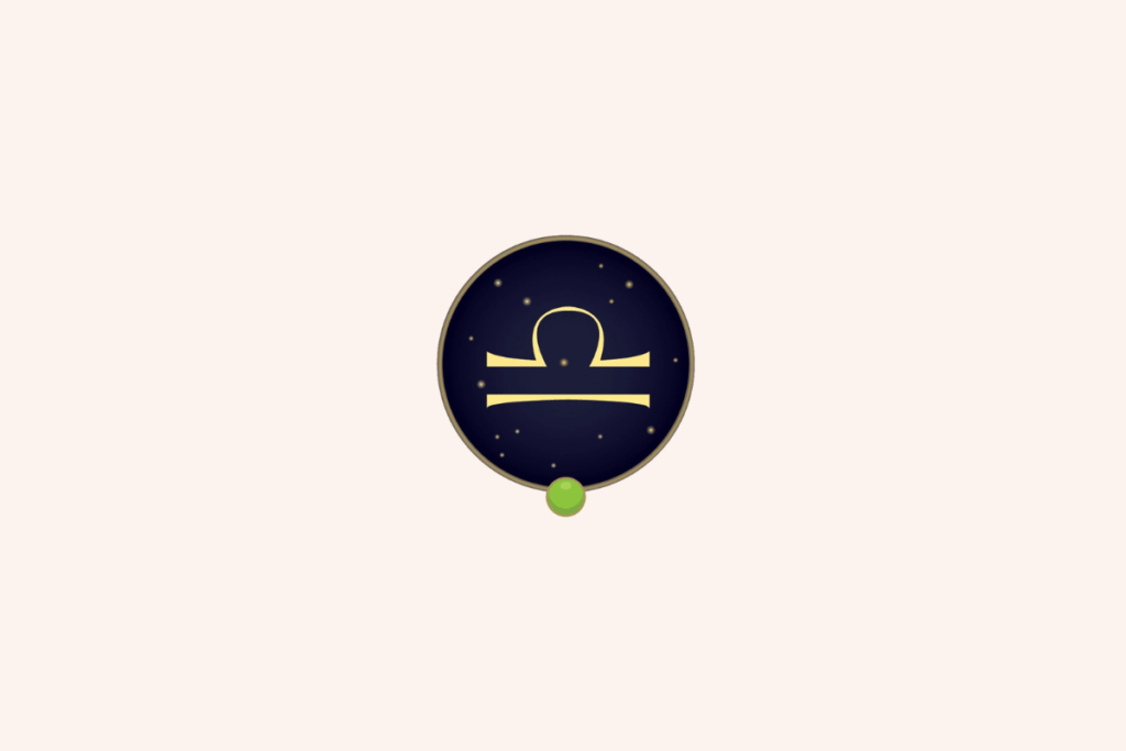 Ilustração do símbolo dourado do signo de Libra em destaque central sobre um fundo circular azul-marinho estrelado, com uma pequena gema verde-clara na parte inferior e fundo geral bege-claro