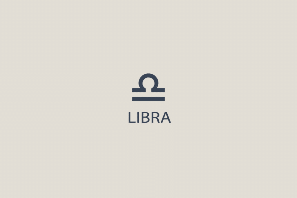 Símbolo minimalista do signo de Libra em tom cinza-escuro sobre fundo bege claro, com a palavra "LIBRA" escrita abaixo em letras maiúsculas