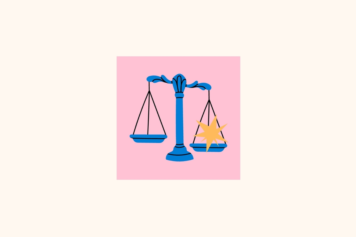Ilustração estilizada do signo de Libra centralizada em um quadrado rosa sobre fundo creme, retratando uma balança em tom azul-cobalto com uma estrela amarela-dourada posicionada sobre o prato do lado direito