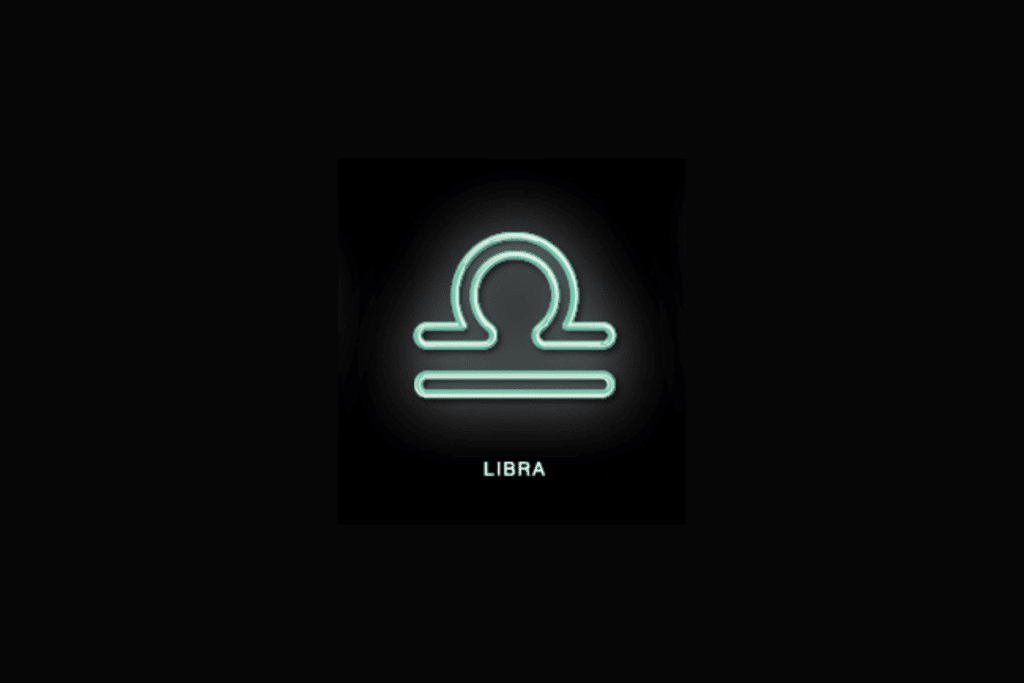 Sobre um fundo preto, o símbolo do signo de Libra é exibido em estilo néon verde-claro brilhante, acompanhado pela palavra "LIBRA" escrita em letras maiúsculas brancas na parte inferior