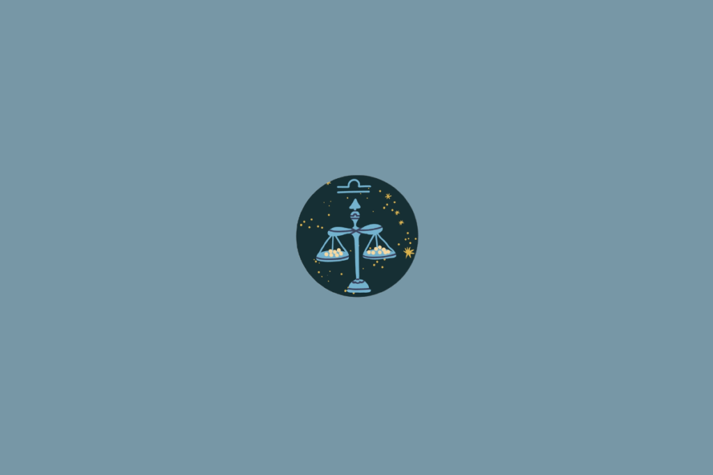 Ilustração circular de uma balança azul com pratos equilibrados. O símbolo de Libra aparece acima, sobre fundo azul-escuro decorado com estrelas.